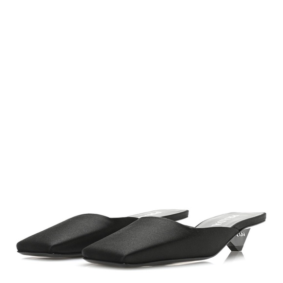 Prada Shoes - PRADA Satin Triangle Heel Mules Black Square Toe Kitten Heel IT 40 US 10 Slides